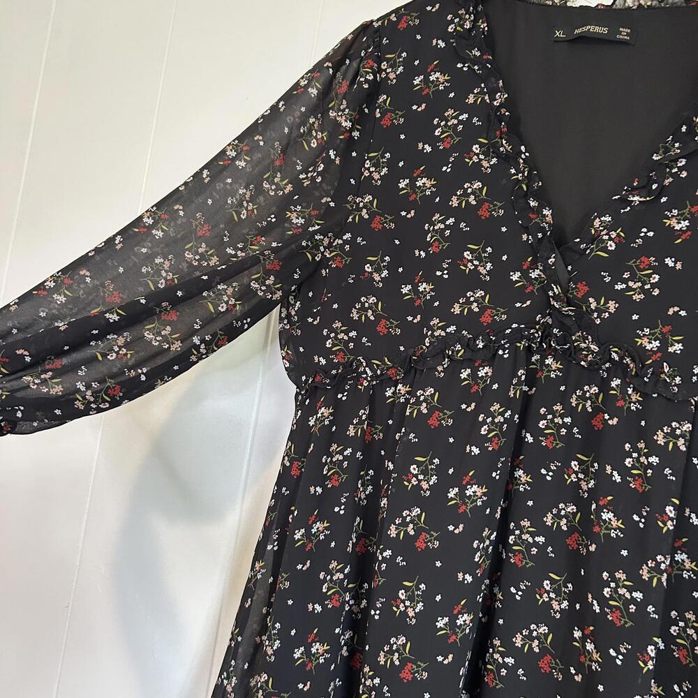 Hesperus Black Floral Ruffle Sheer Long Sleeve Mini Dress Women’s XL - Picture 2 of 6